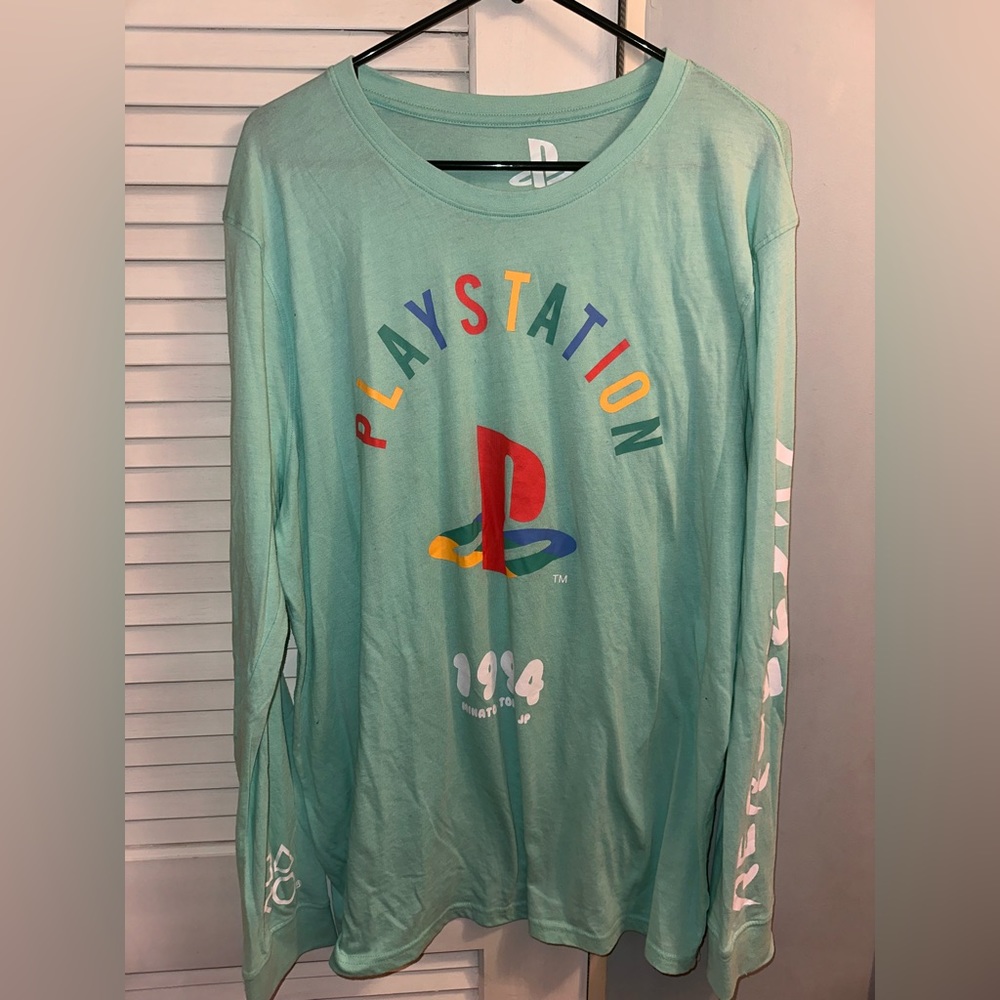 SONY Playstation Men's XXL Long Sleeve Retro 1994 Colorful Graphic T Shirt Teal